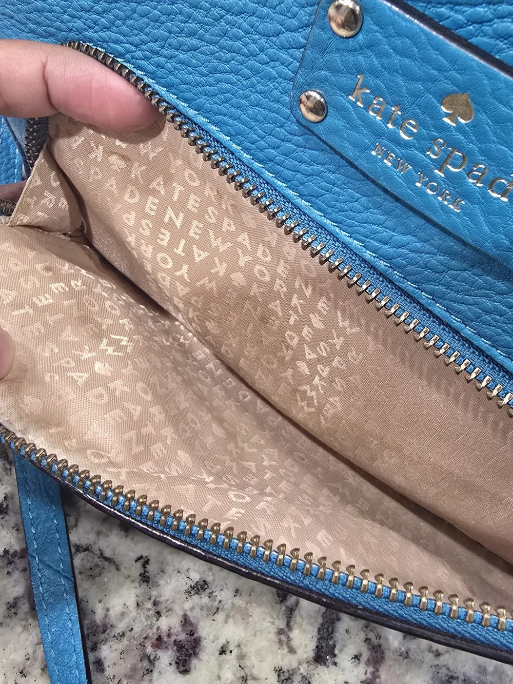 Kate Spade New York Tiffany Blue Pebbled Leather Crossbody Bag Gold Zip